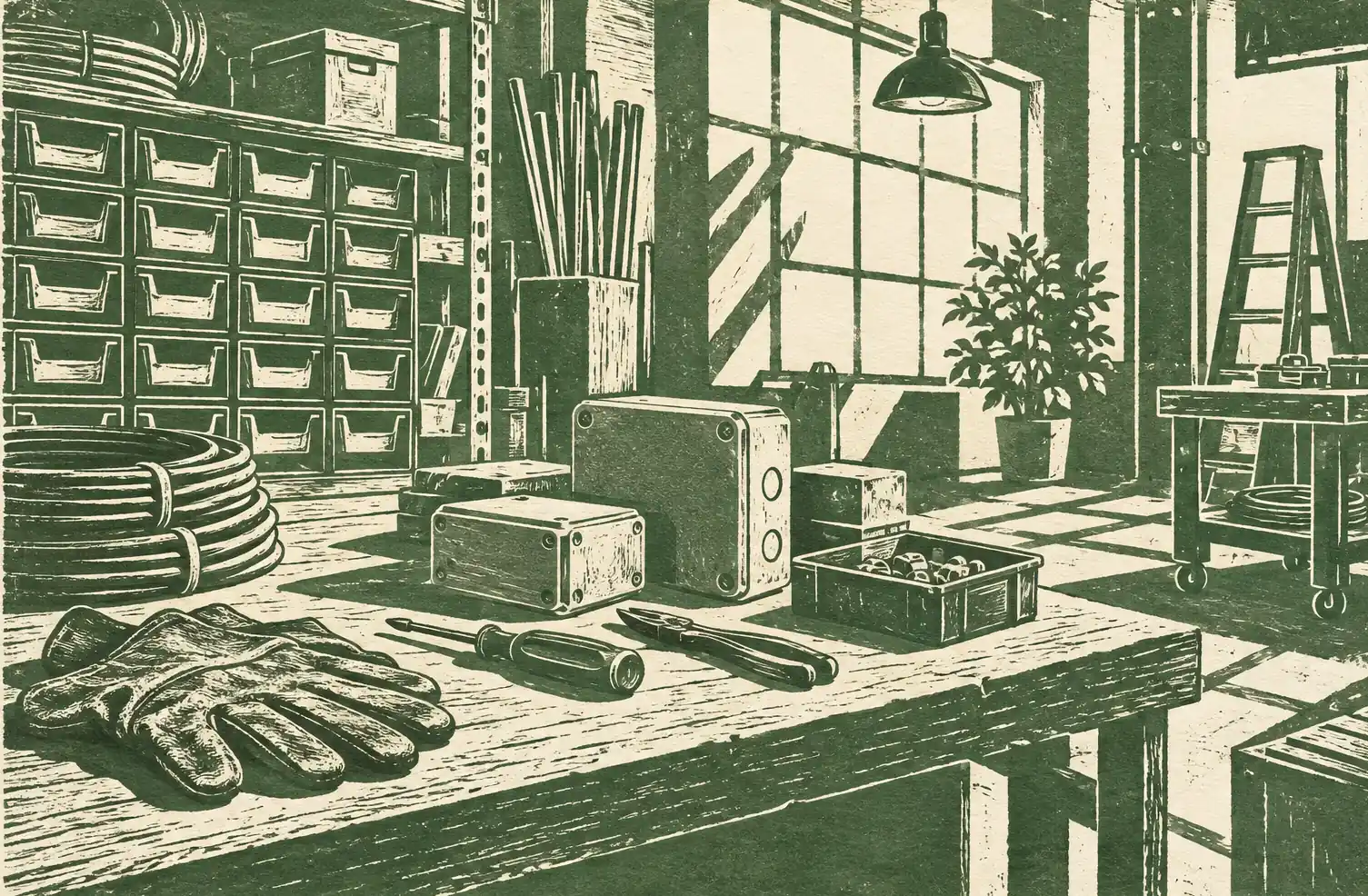 Illustration of electrical contractors and their working space